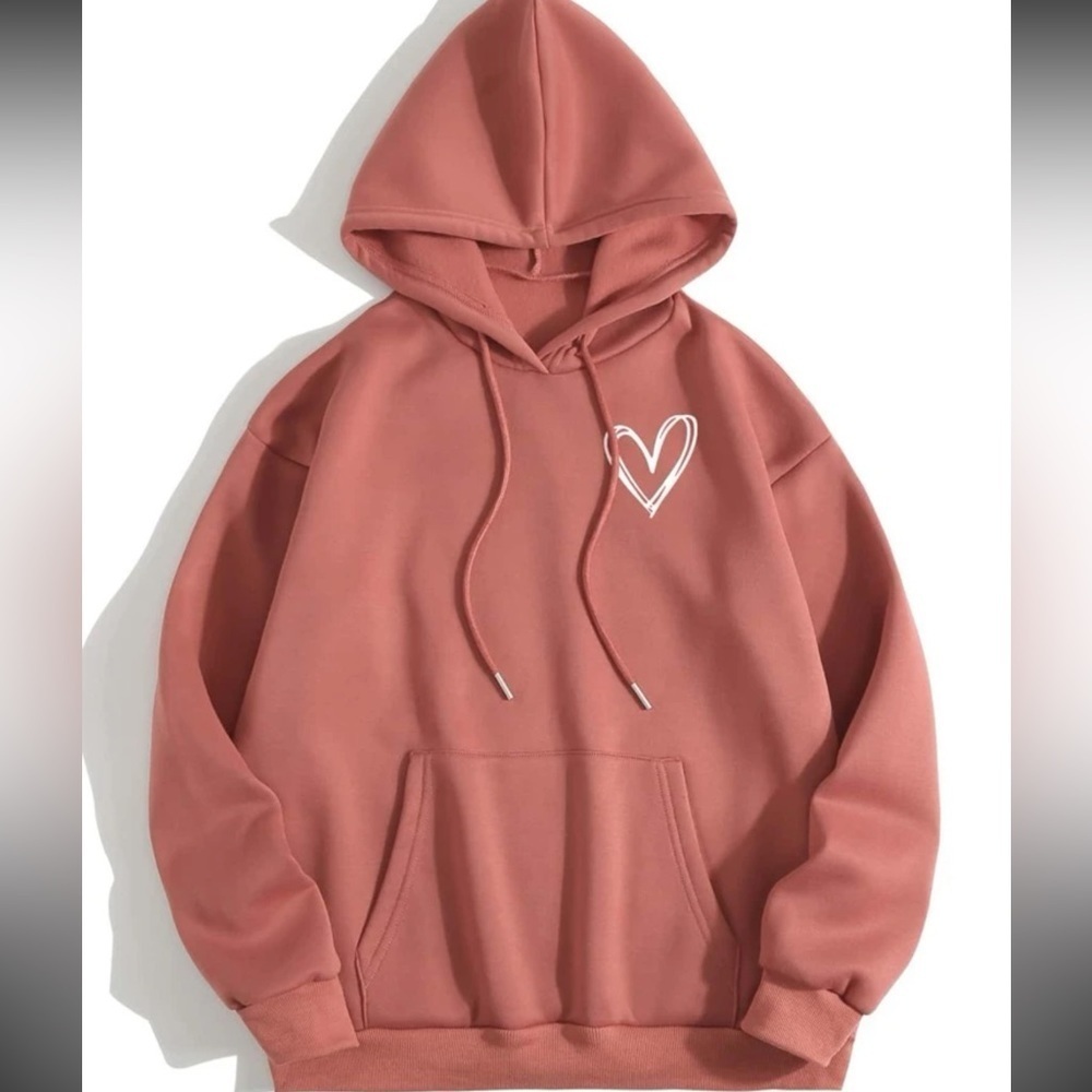 RUSTY ROSE HEART PRINT DRAWSTRING HOODIE
